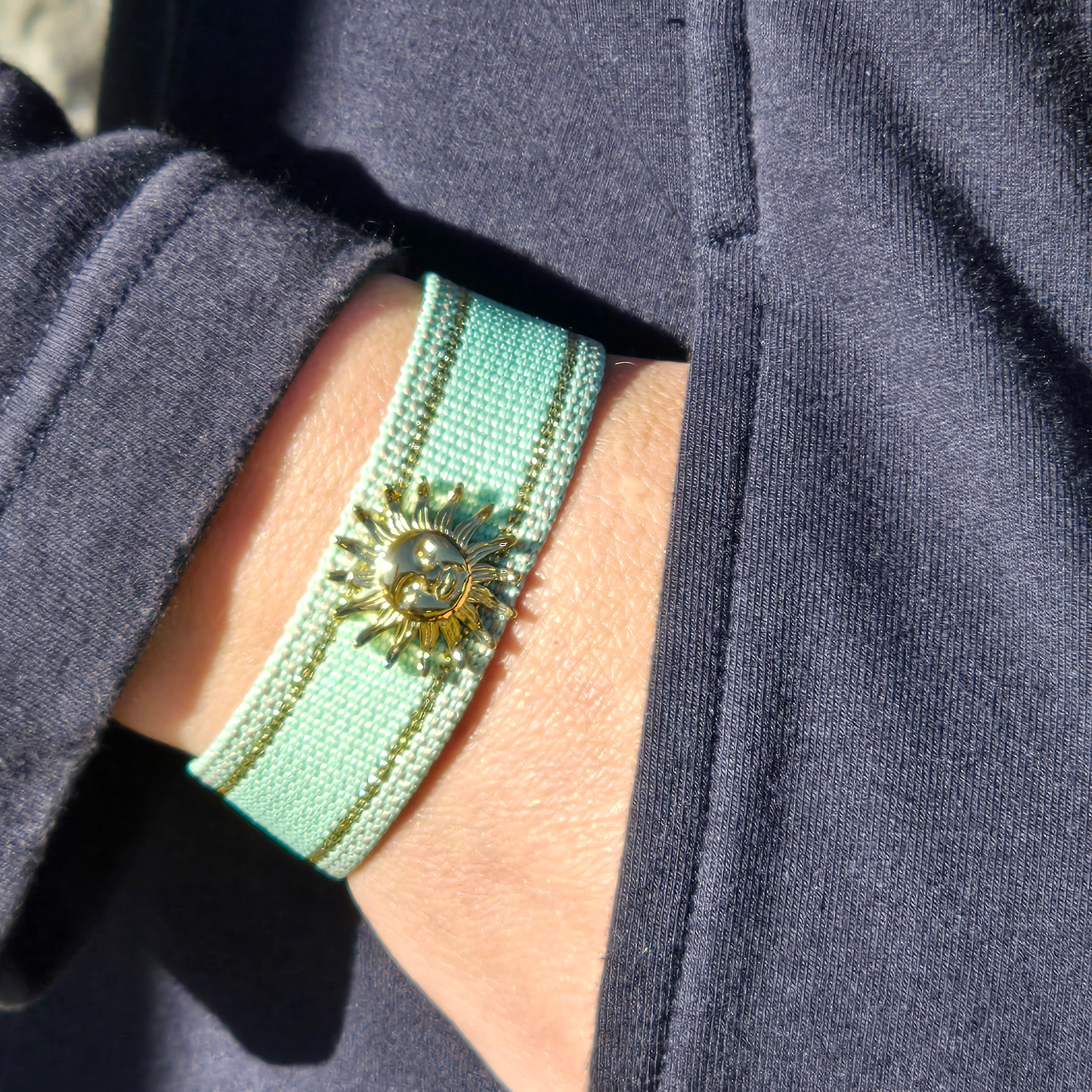Diane Large mint fabric and gold thread bracelet