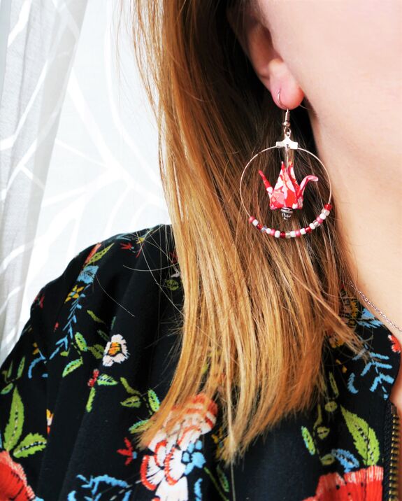 Earrings red cranes in hoops