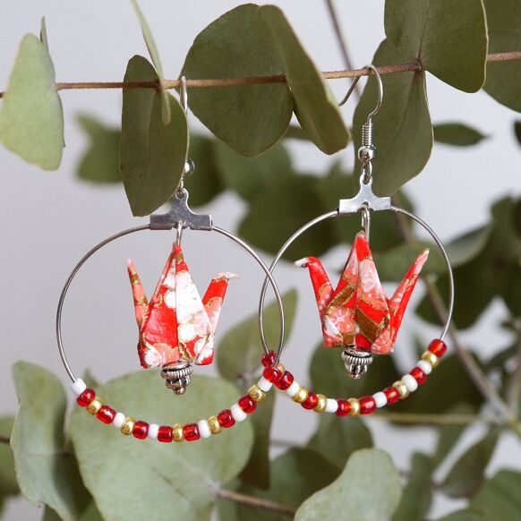 Earrings red cranes in hoops