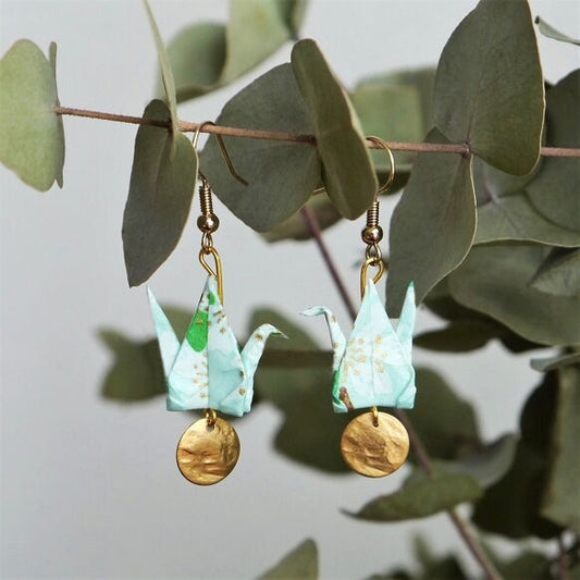 Earrings mint cranes and gold sequins