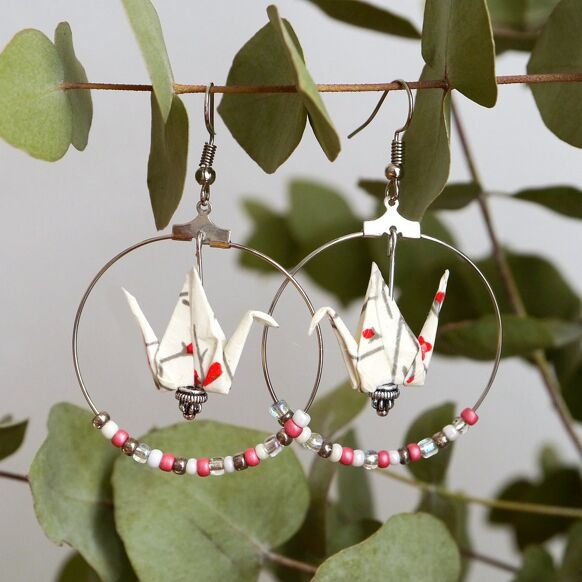 Earrings white & red cranes in hoops