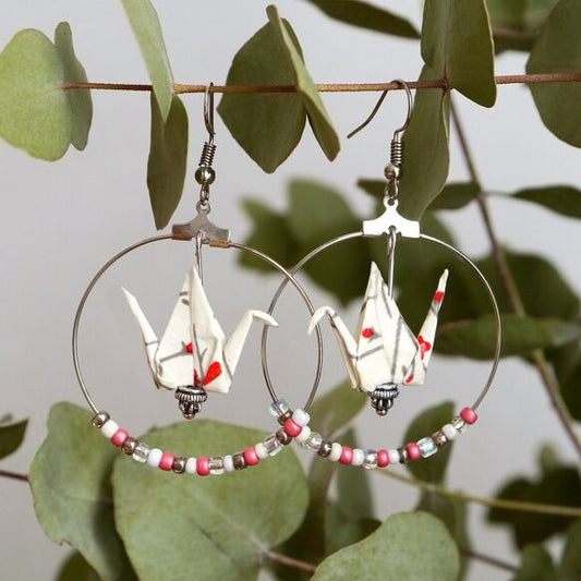 Earrings white & red cranes in hoops
