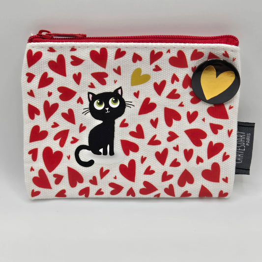 Mini pouch, black cat and read hearts