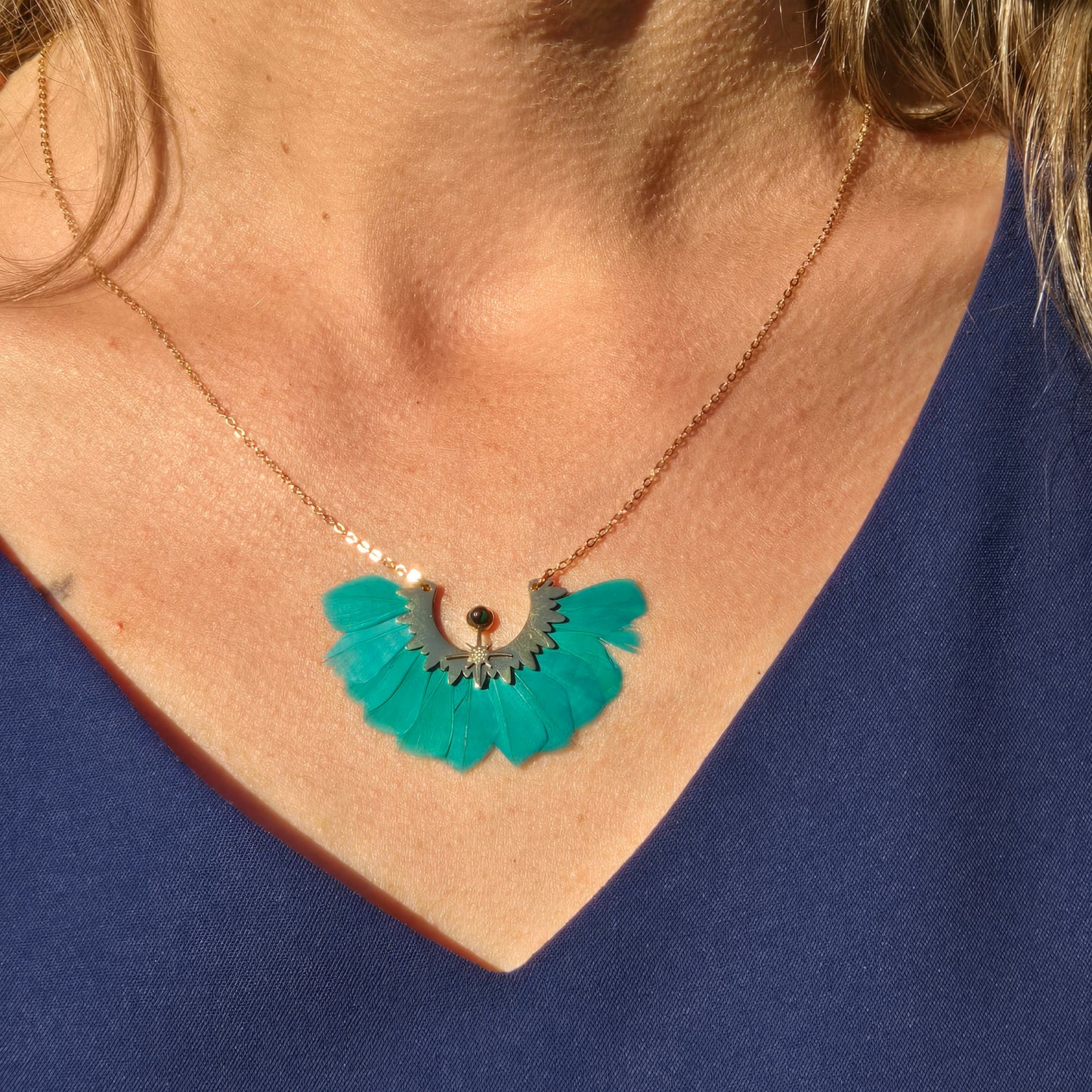 Necklace turquoise feathers