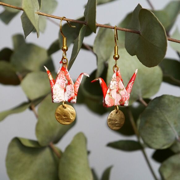 Earrings red & white cranes and gold sequins