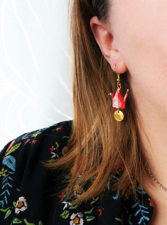 Earrings red & white cranes and gold sequins