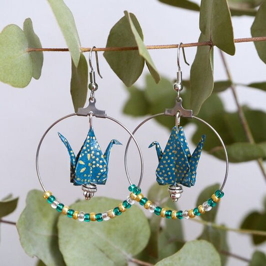 Earrings duck blue ocean and gold in hoops