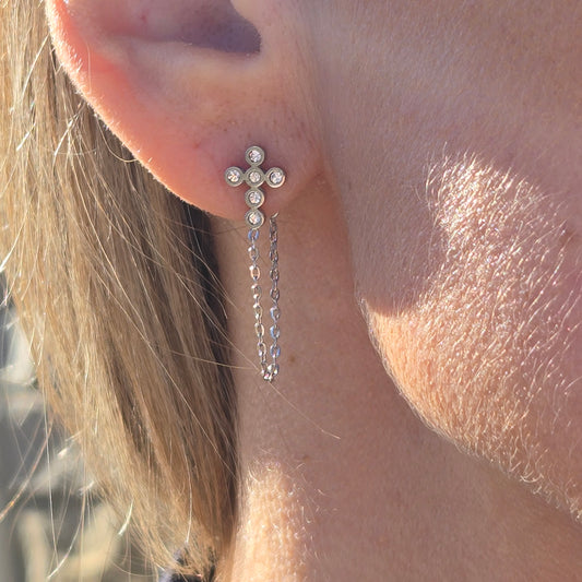 Silvered cross studs with white zirconium