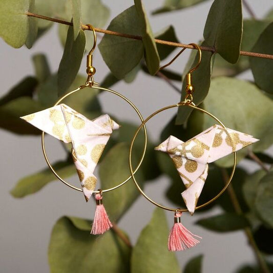 Earrings baby pink & gold doves in hoops